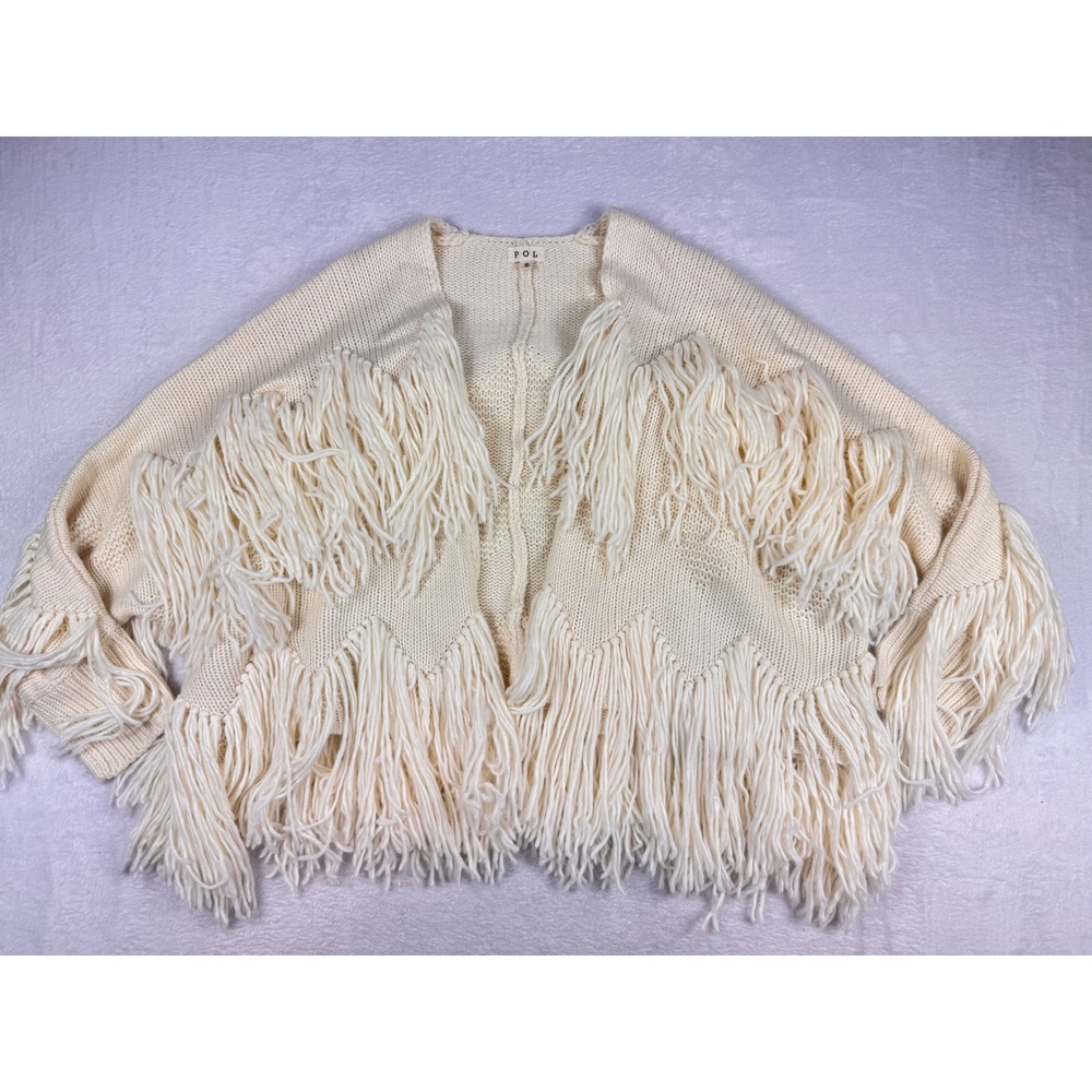 POL Cream Shaggy Fringe Chunky Knit Open Front Cardigan Small Boho festival